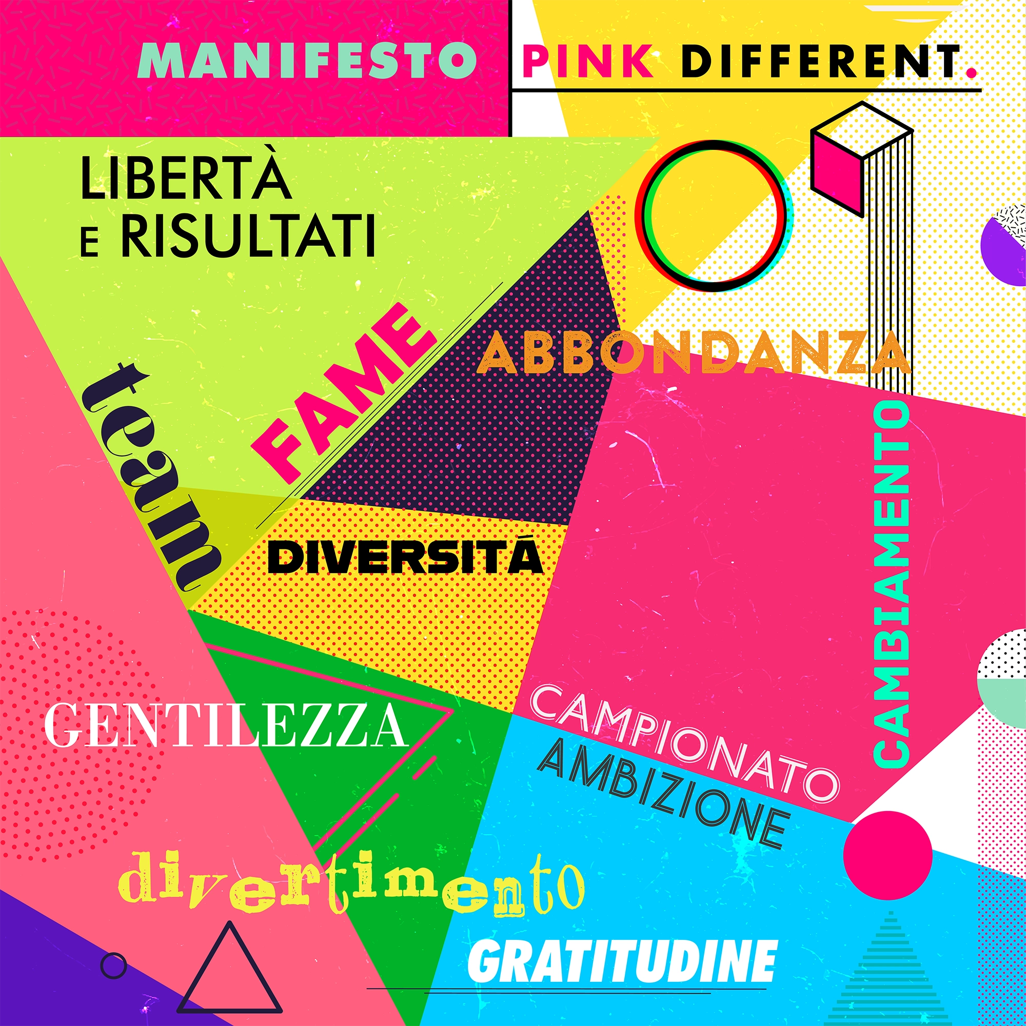 Collage Memphis con i valori del Manifesto Pink Different