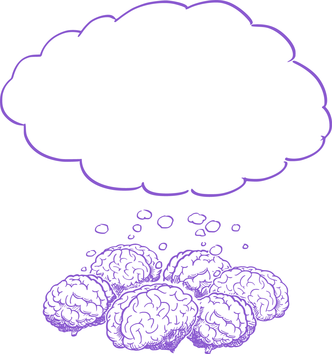 Illustrazione MVB OS: una nuvola di pensiero sopra un insieme di cervelli