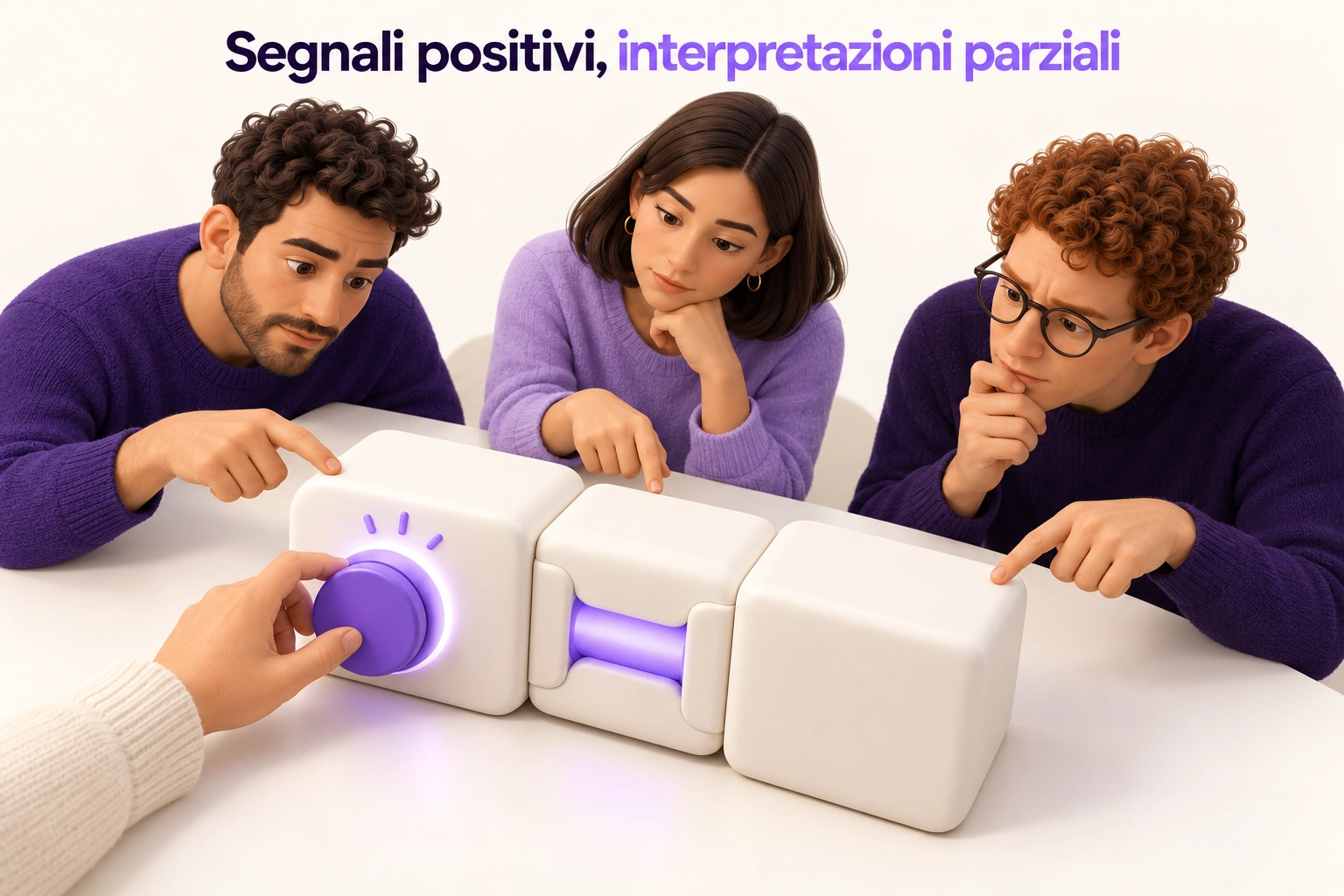 Una mano aziona il quadrante illuminato di un dispositivo; tre persone indicano parti diverse del prodotto.